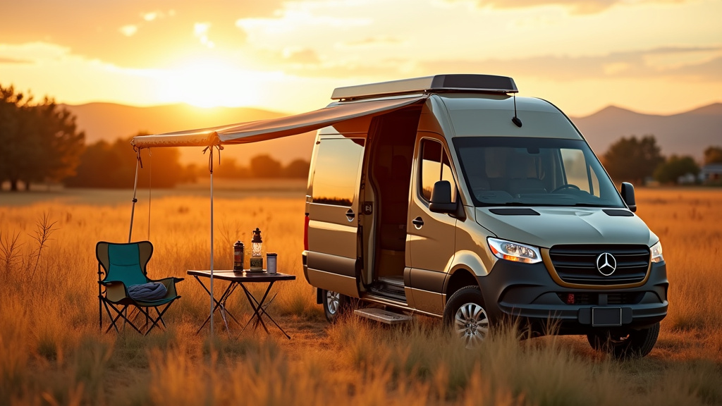 Camping-car bien équipé avec auvent et espace extérieur aménagé