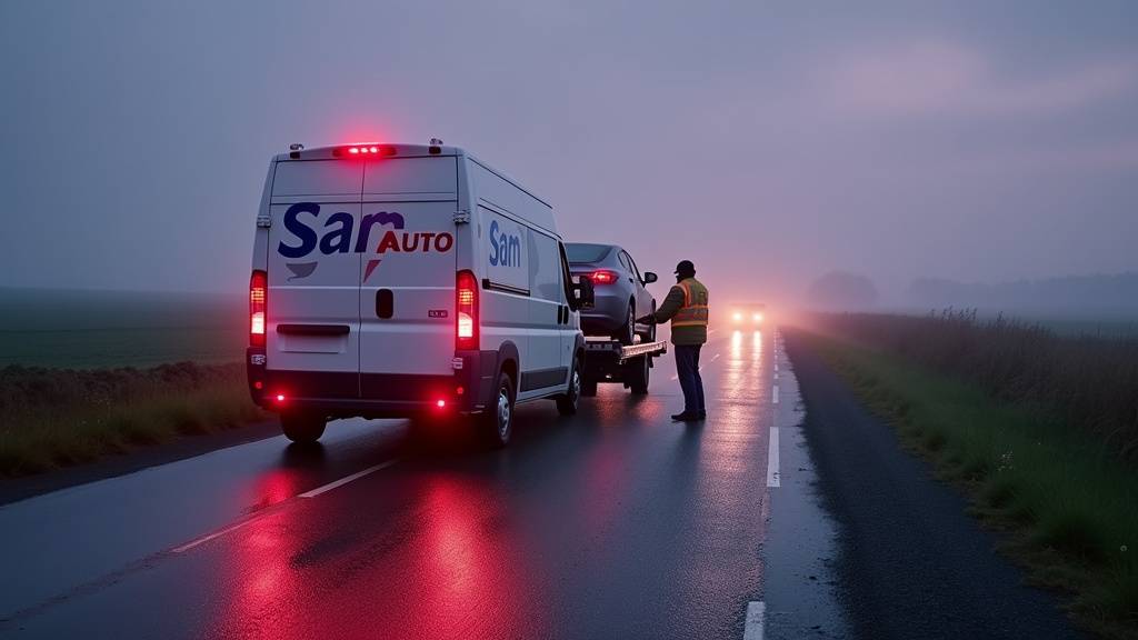 Véhicule de dépannage Sam Auto intervenant sur une voiture en panne à Dole